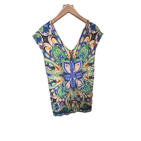 Anthropologie Maeve Blue Green Pleated Bird Short Sleeve Shift Dress Size Small - Picture 3 of 5